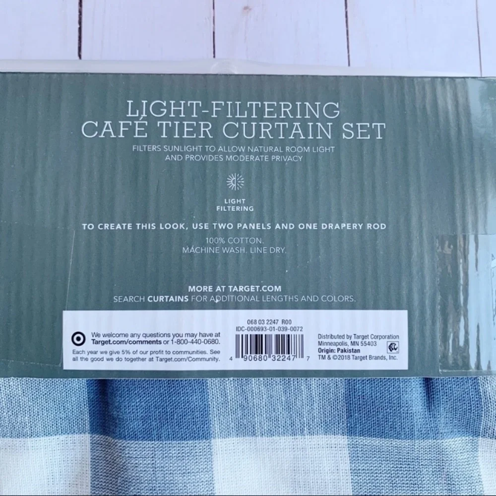 Threshold Blue Check Small Window Curtain Tier NWT